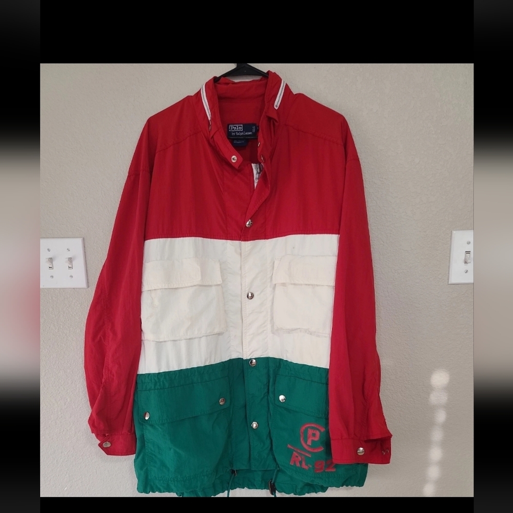 Vintage Ralph Lauren Red, White, and Green Men's Windbreaker P Rl-92